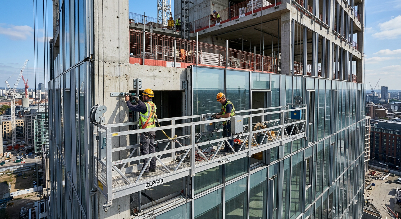 Rope suspended platform working on the facade of a high-rise building